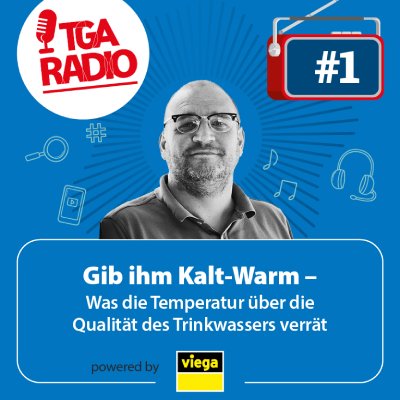 Ein Coverbild für Episode 1 des TGA Radio PODCASTS mit dem Text "Gib ihm Kalt-Warm"