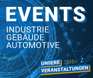 Logo für Veranstaltungen auf blauem Hintergrund. Event-Banner Industrie Medien.